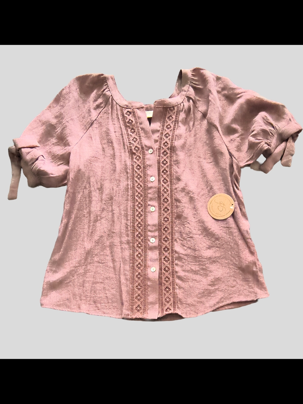 Dusty Rose Lace-Trim Button Front Blouse